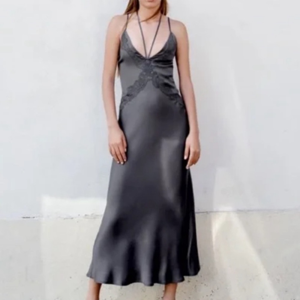 ZARA EMBROIDERED MIDI SLIP DRESS CHARCOAL GRAY
